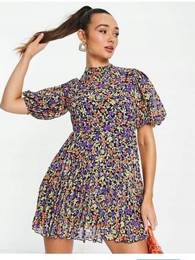 ASOS Black Floral High-Neck Pleated Mini Dress